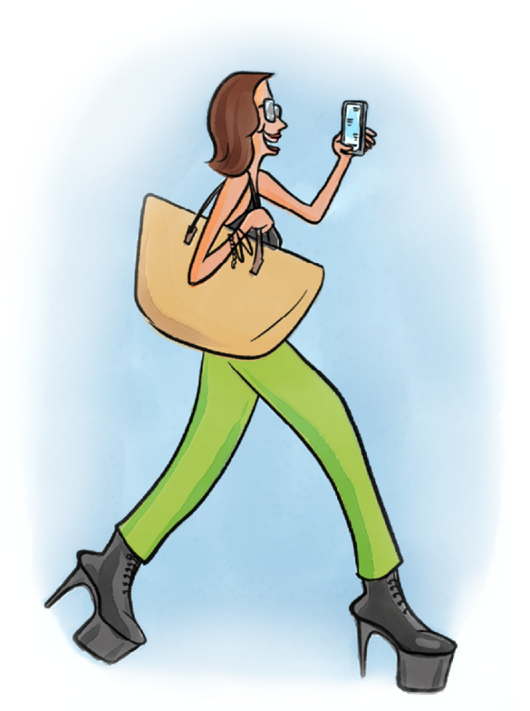 Lady walking in Cartoon style illustration.