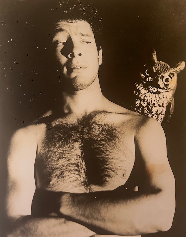 Topless man with crossed arms and an owl on his shoulders.